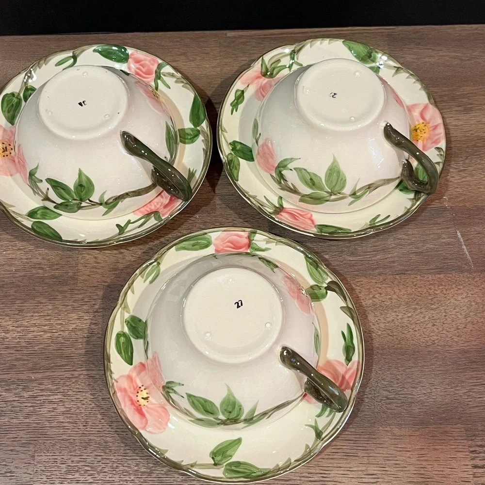Three Vintage Franciscan Desert Rose Flat Cups and Saucers